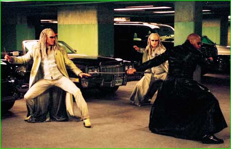 Morpheus fights the Silver Smiths - a stronger version of Agent Smith